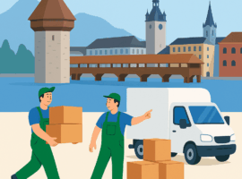 Zwei Umzugshelfer tragen Kartons in Luzern, während sie einen internationalen Umzug in die Schweiz vorbereiten.