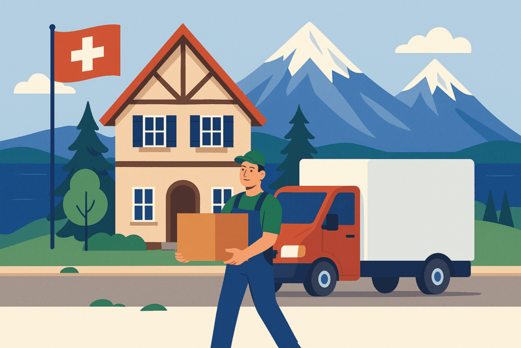Umzug in die Schweiz Ein Umzugshelfer liefert Kartons vor einem Haus mit Schweizer Flagge und Alpenkulisse beim Umzug in die Schweiz.