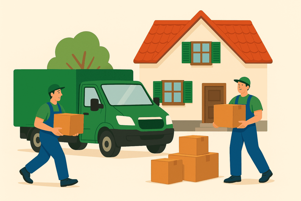 Umzug in die Schweiz Zwei Umzugshelfer tragen Kartons aus einem grünen Umzugswagen in ihr neues Haus beim Umzug Schweiz.