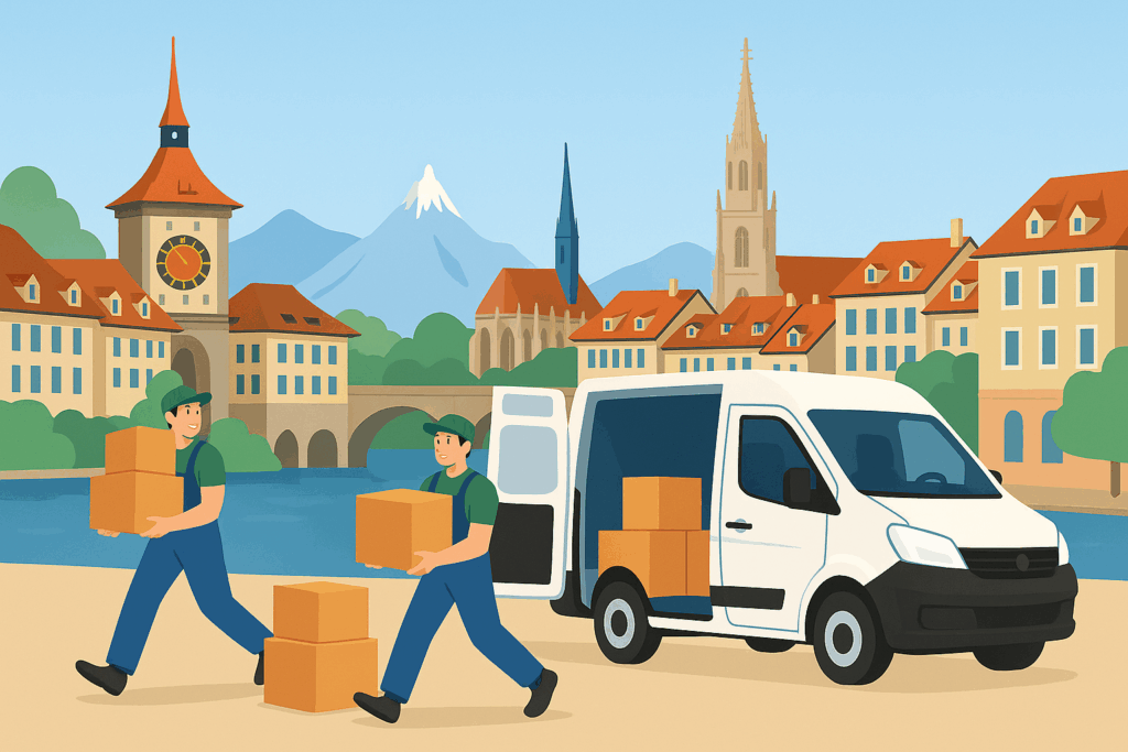 Umzug in die Schweiz Umzugshelfer mit Transporter entladen Kartons in der Altstadt von Bern beim Umzug in die Schweiz.