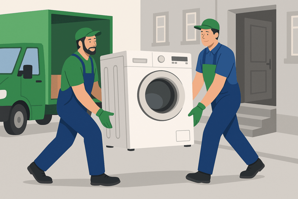 Zwei Umzugshelfer benutzen einen Möbellift, um eine Waschmaschine zu transportieren