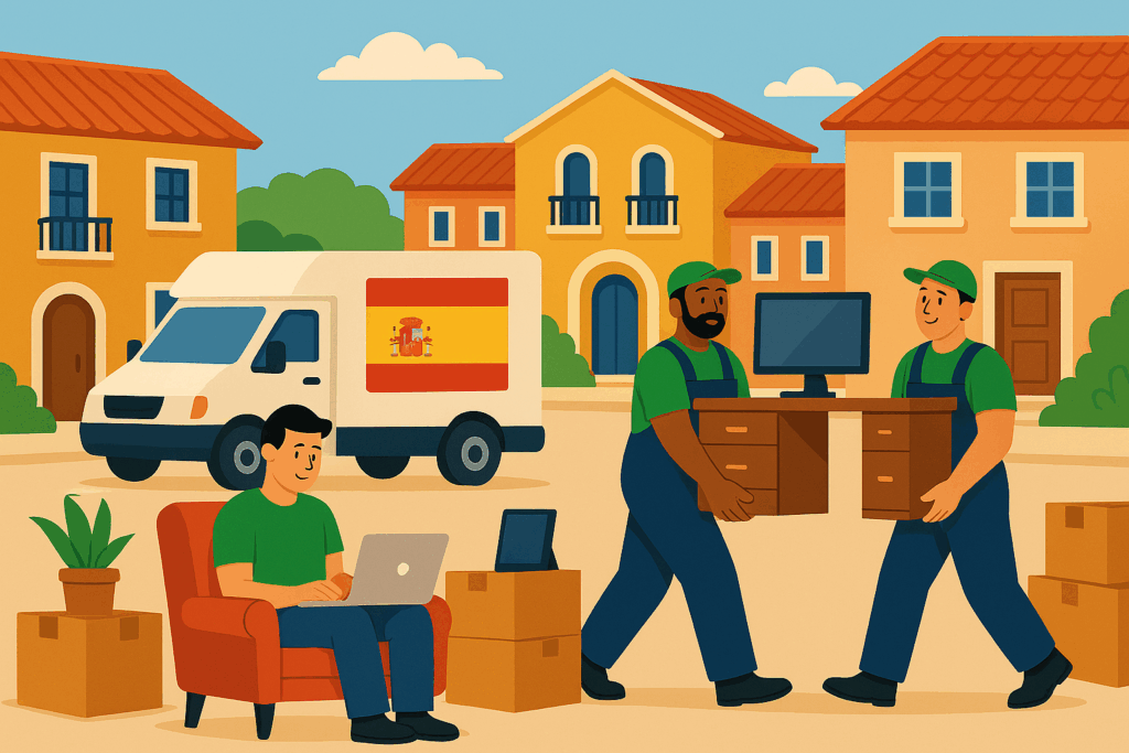 Umzugshelfer tragen Möbel vor Haus mit spanischer Flagge beim Umzug von Berlin nach Spanien