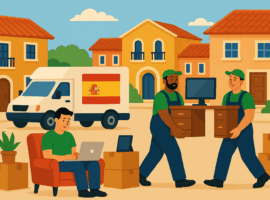 Umzugshelfer tragen Möbel vor Haus mit spanischer Flagge beim Umzug von Berlin nach Spanien