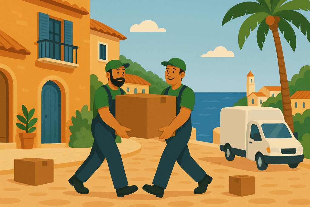 Zwei Männer tragen Umzugskartons an der Küste beim Auswandern nach Spanien
