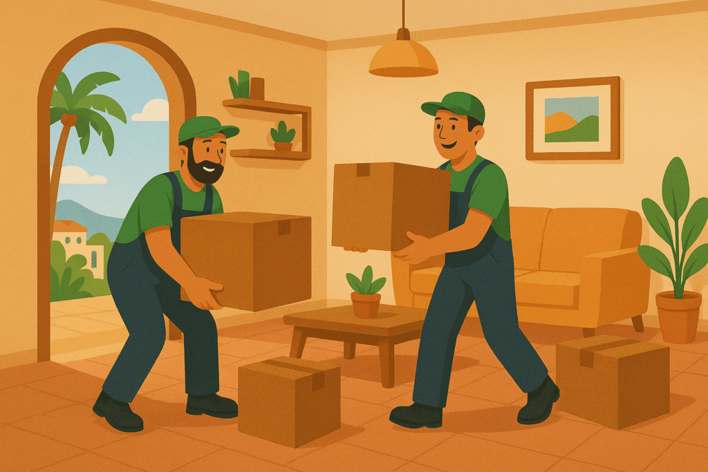 Zwei Umzugshelfer tragen Kartons im Wohnzimmer beim Umzug Spanien nach Deutschland