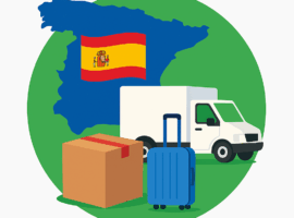 Ein Umzugswagen, ein Koffer und ein Umzugskarton vor einer Spanienkarte mit der Nationalflagge – das Bild symbolisiert die Vorfreude und den Neuanfang eines Umzugs nach Spanien, begleitet von Abenteuerlust und dem Gefühl eines neuen Kapitels.