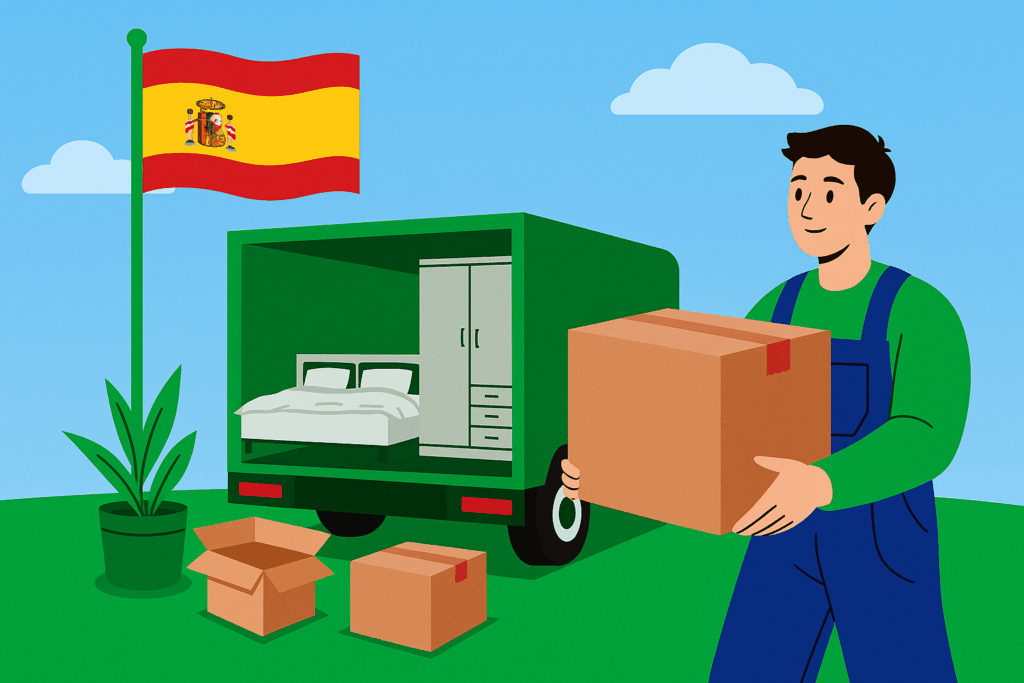 Ein grüner Umzugswagen lädt Kartons unter der spanischen Flagge aus – das Motiv fängt die Energie und den Optimismus eines Neuanfangs in Spanien ein.