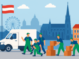 Illustration von Umzugshelfern, die Kartons vor einem Lieferwagen in Wien tragen, mit österreichischer Flagge und Sehenswürdigkeiten im Hintergrund – Symbol für den Umzug nach Österreich.