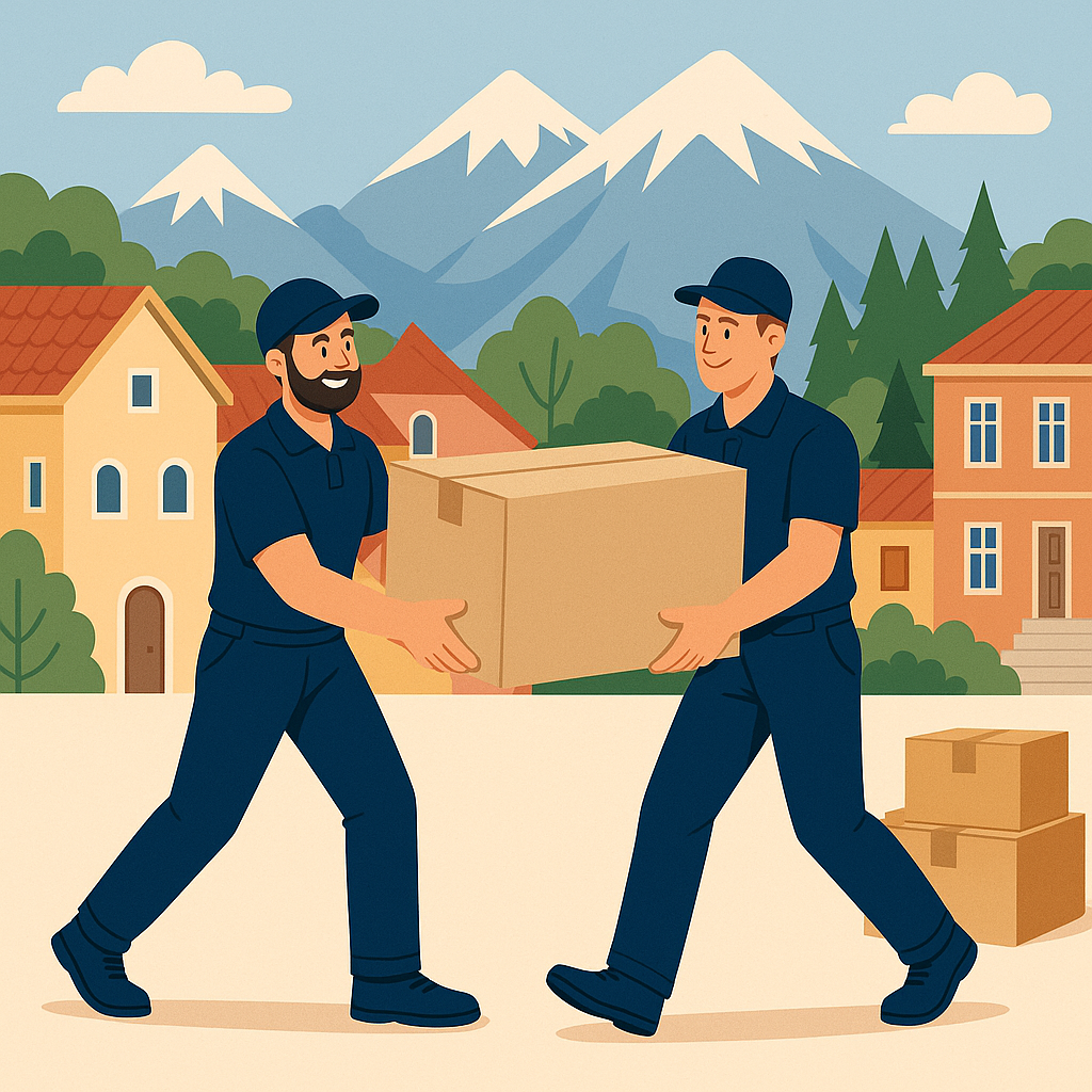 Zwei Umzugshelfer tragen Kartons vor alpiner Kulisse in Österreich, umgeben von Häusern und Bergen – Darstellung eines professionellen Umzugs nach Österreich.
