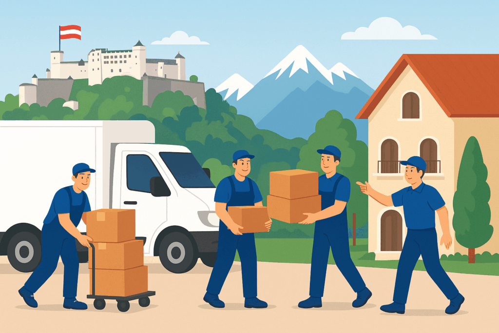 Team von Umzugsarbeitern lädt Möbel und Kartons vor einem Lieferwagen aus, mit der österreichischen Flagge und Alpen im Hintergrund