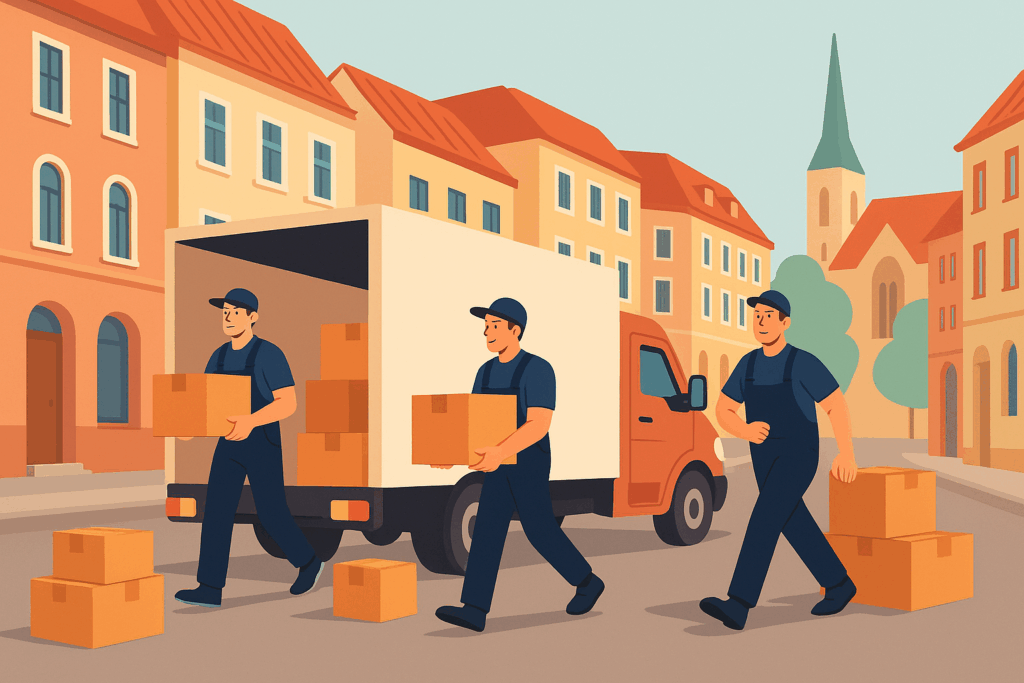 Umzugshelfer laden Kartons aus einem Lieferwagen in einer österreichischen Altstadt mit historischen Gebäuden – visuelle Darstellung eines Umzugs nach Österreich.