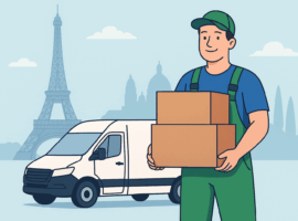Ein Umzugshelfer trägt Kartons für den Umzug nach Frankreich mit Blick auf den Eiffelturm.