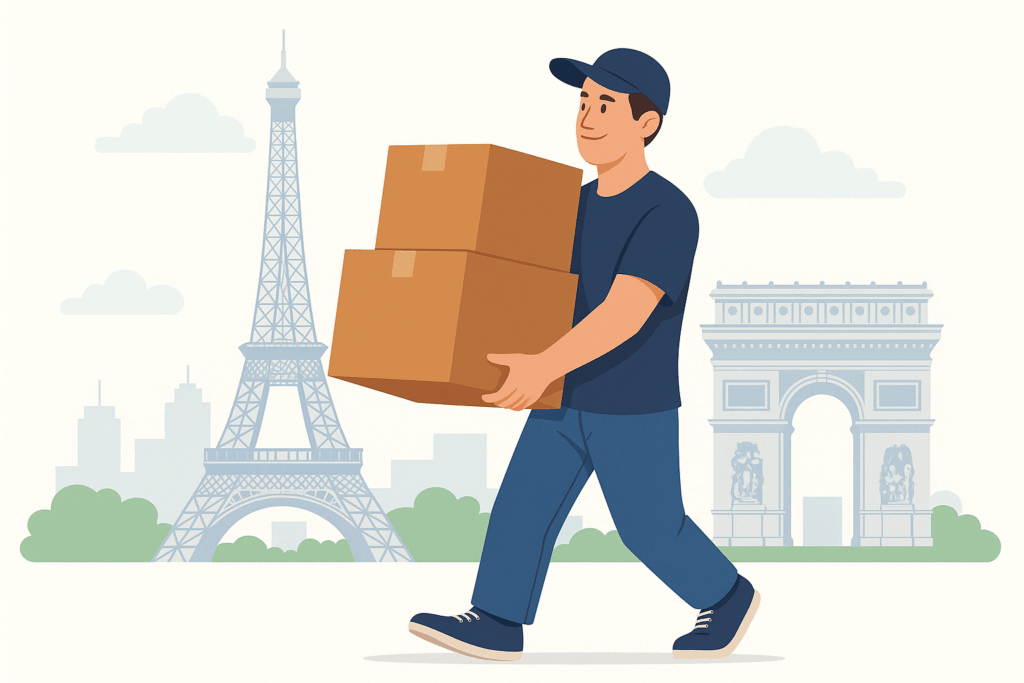 Ein Mann trägt Kartons während eines Umzugs nach Frankreich