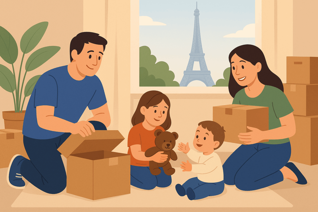 Eine Familie packt Kartons in ihrer neuen Wohnung nach dem Umzug nach Frankreich.