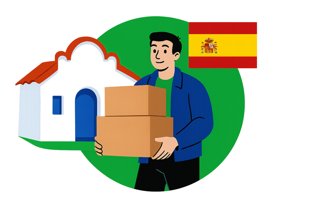 Mann trägt Umzugskartons vor Haus in Spanien beim Umzug nach Spanien