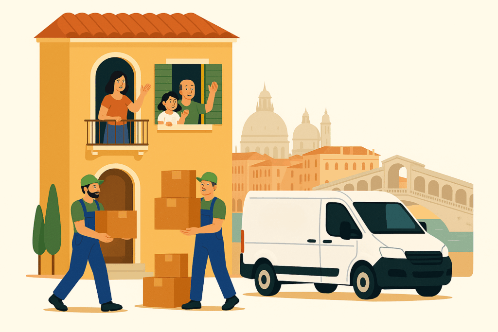 Umzugshelfer Italien tragen Kartons in ein Haus in Venedig, während eine Familie vom Balkon winkt.