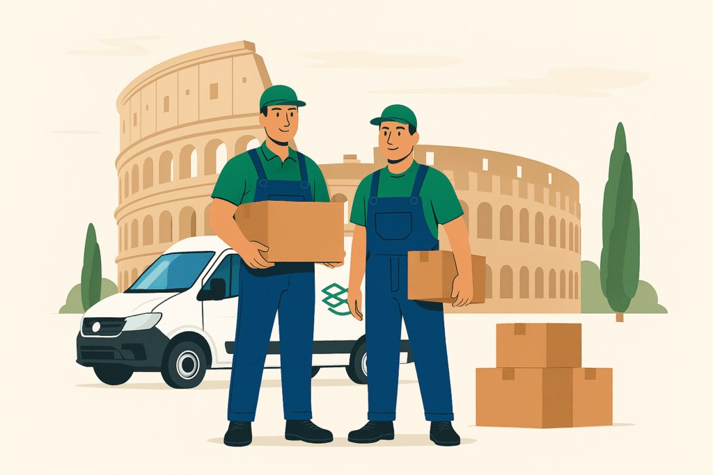 Zwei Umzugshelfer tragen Kartons vor dem Kolosseum in Rom beim Umzug nach Italien.