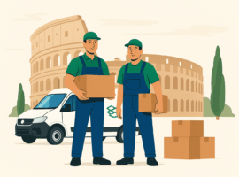 Zwei Umzugshelfer tragen Kartons vor dem Kolosseum in Rom beim Umzug nach Italien.