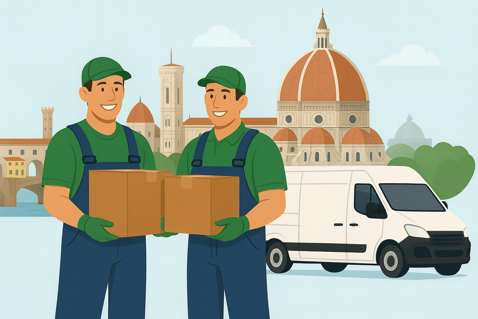 Zwei Umzugshelfer stehen mit Umzugskartons vor dem Dom von Florenz während eines Umzugs nach Italien.