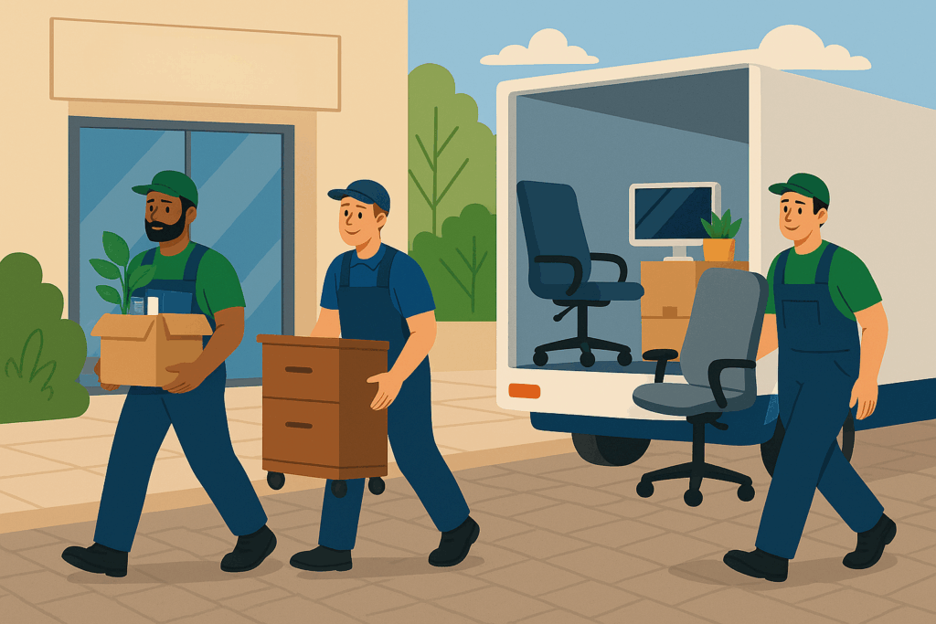 Zwei erfahrene Umzugshelfer bewegen einen Schreibtisch während eines Büro Umzugs.