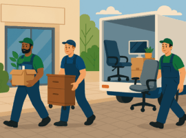 Zwei erfahrene Umzugshelfer bewegen einen Schreibtisch während eines Büro Umzugs.