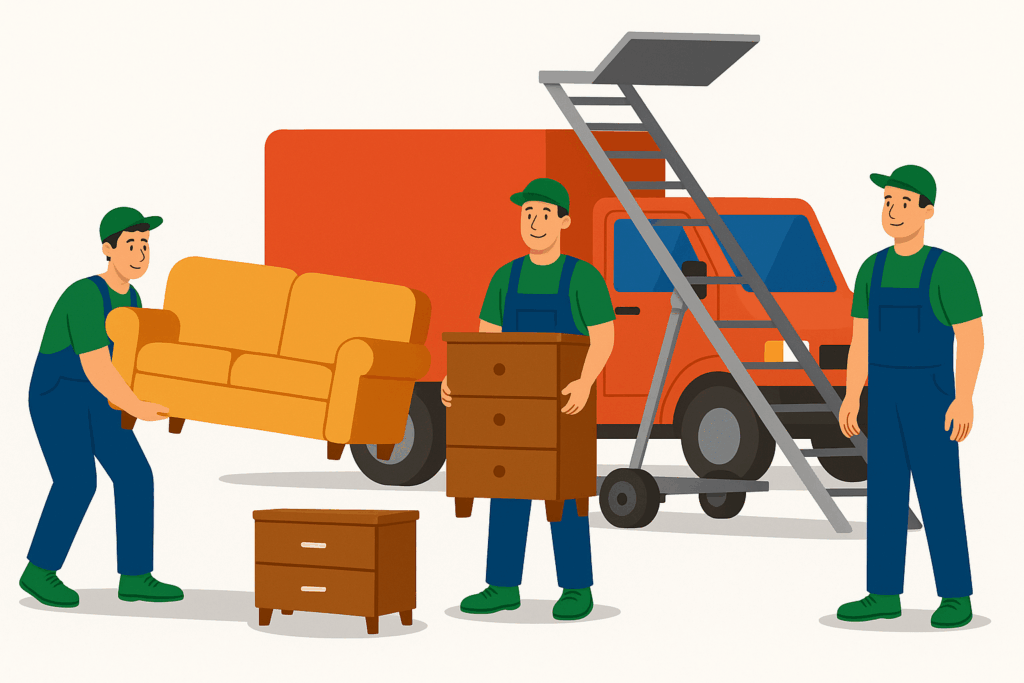 Zwei Umzugshelfer tragen beim Möbeltransport ein Sofa und eine Kommode vor einem roten Umzugswagen