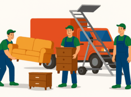 Zwei Umzugshelfer tragen beim Möbeltransport ein Sofa und eine Kommode vor einem roten Umzugswagen