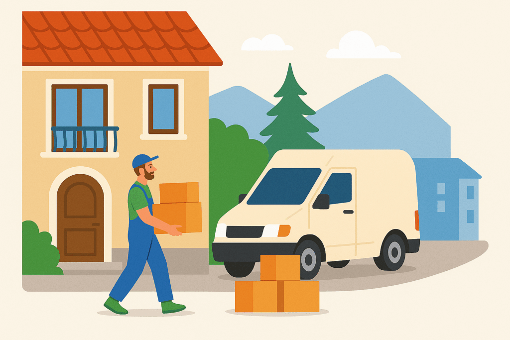 Ein Umzugsarbeiter trägt Kartons zu einem weißen Transporter vor einem Haus