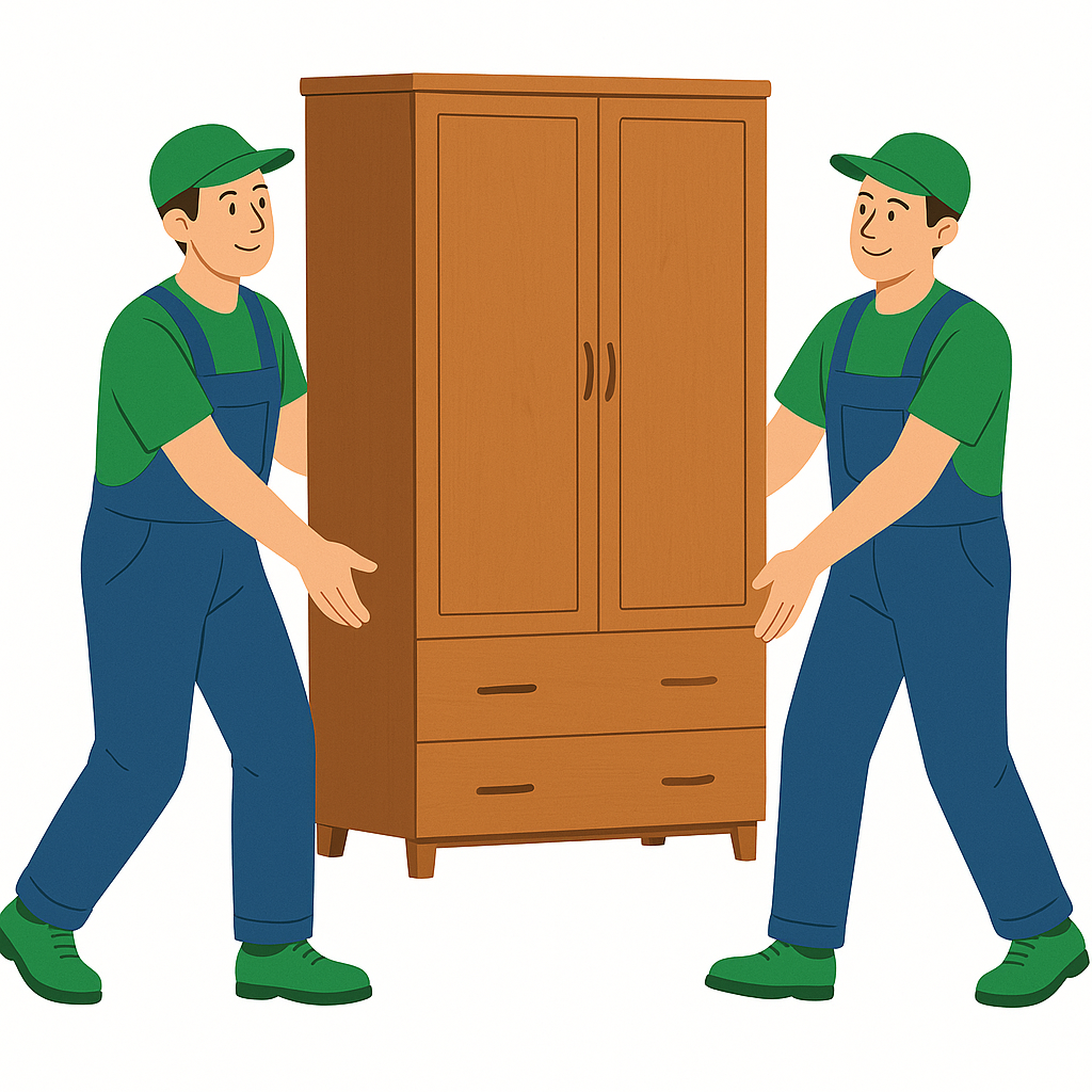 Zwei Fachkräfte heben beim möbeltransport einen großen Kleiderschrank an, um ihn sicher in den Umzugswagen zu tragen