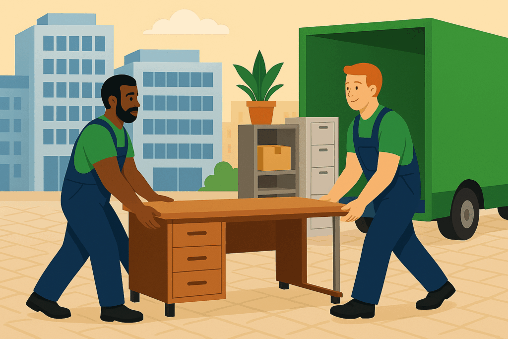 Umzugsprofis transportieren Möbel und Büroausstattung sicher in ein neues Büro.