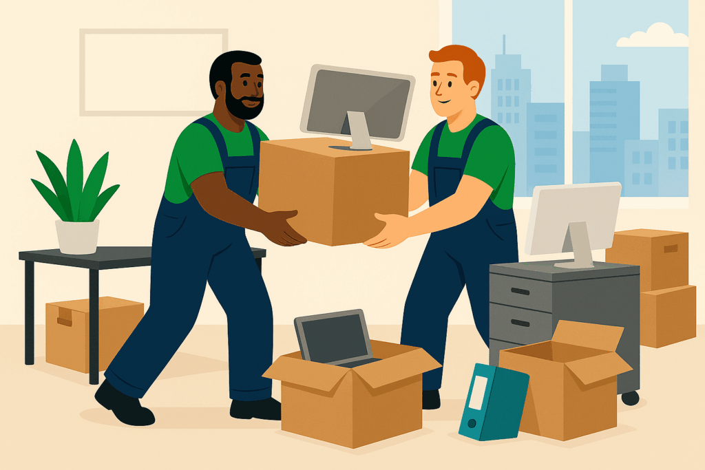 Beim Büroumzug wird empfindliche Technik wie Computer und Monitore sorgfältig transportiert.