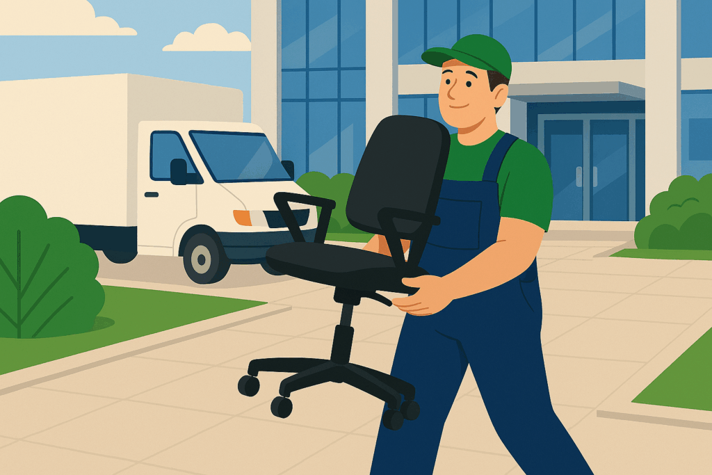 Ein Umzugshelfer transportiert Möbel in ein neues Bürogebäude.