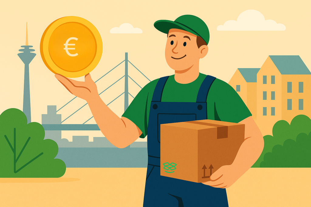 Ein freundlicher Umzugshelfer in grüner Arbeitskleidung hält eine Euro-Münze und einen Karton in der Hand – Symbol für faire Preise und effizienten Service beim Umzug Transport in der Stadt.