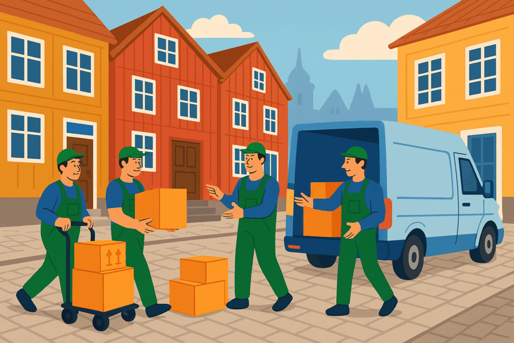 Ein Team von Umzugsarbeitern lädt Kartons in einen grünen Lieferwagen bei einem Umzug nach Schweden in ein Wohngebiet mit roten Holzhäusern.