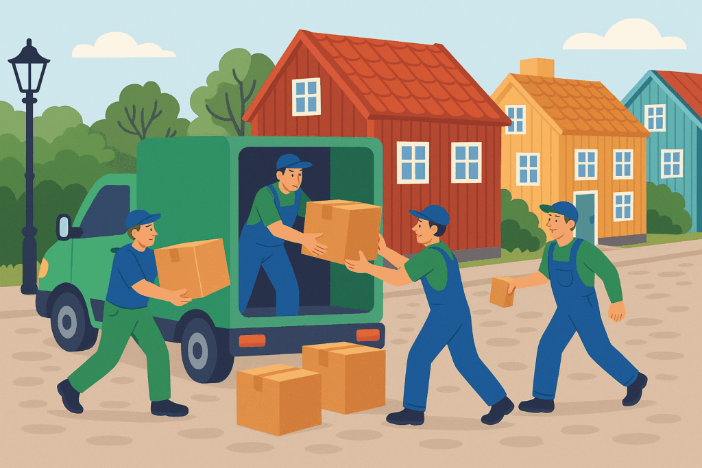 Mehrere Umzugshelfer verladen Umzugskartons in einen Transporter während eines Umzugs nach Schweden in einer typischen skandinavischen Stadt mit Holzhäusern.