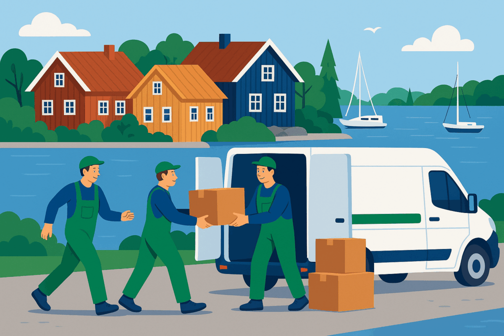Drei Umzugshelfer entladen Kartons aus einem weißen Transporter bei einem Umzug nach Schweden an einem See mit schwedischen Holzhäusern im Hintergrund.