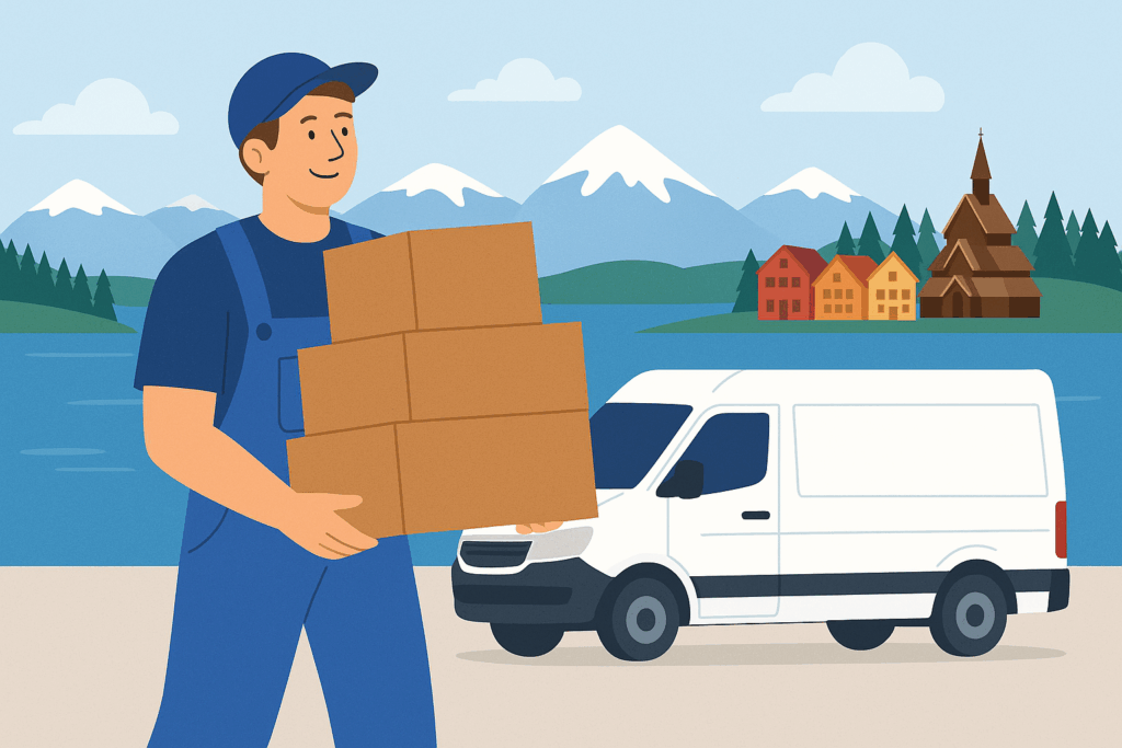 Ein Umzugsfahrer trägt Kartons vor einem weißen Lieferwagen an einem norwegischen Fjord – Darstellung eines professionellen internationalen Umzugsunternehmens in Norwegen.