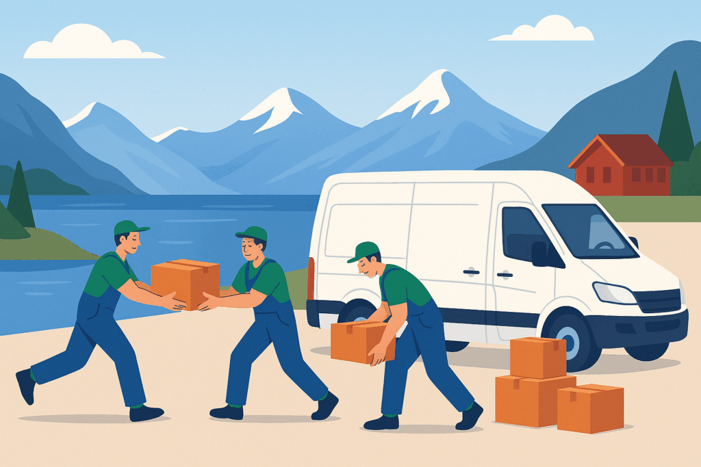 Drei Umzugshelfer arbeiten gemeinsam beim Verladen von Kartons vor einer norwegischen Bergkulisse – Beispiel für effiziente Umzugsdienstleistungen in Norwegen.