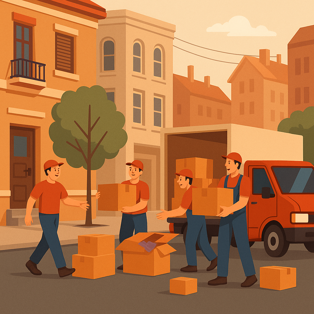 Ein Team von Umzugshelfern lädt Kartons in einen LKW, stellvertretend für den Umzug von Berlin in die Türkei, bei dem Organisation und Zusammenarbeit entscheidend für einen reibungslosen Ablauf sind.