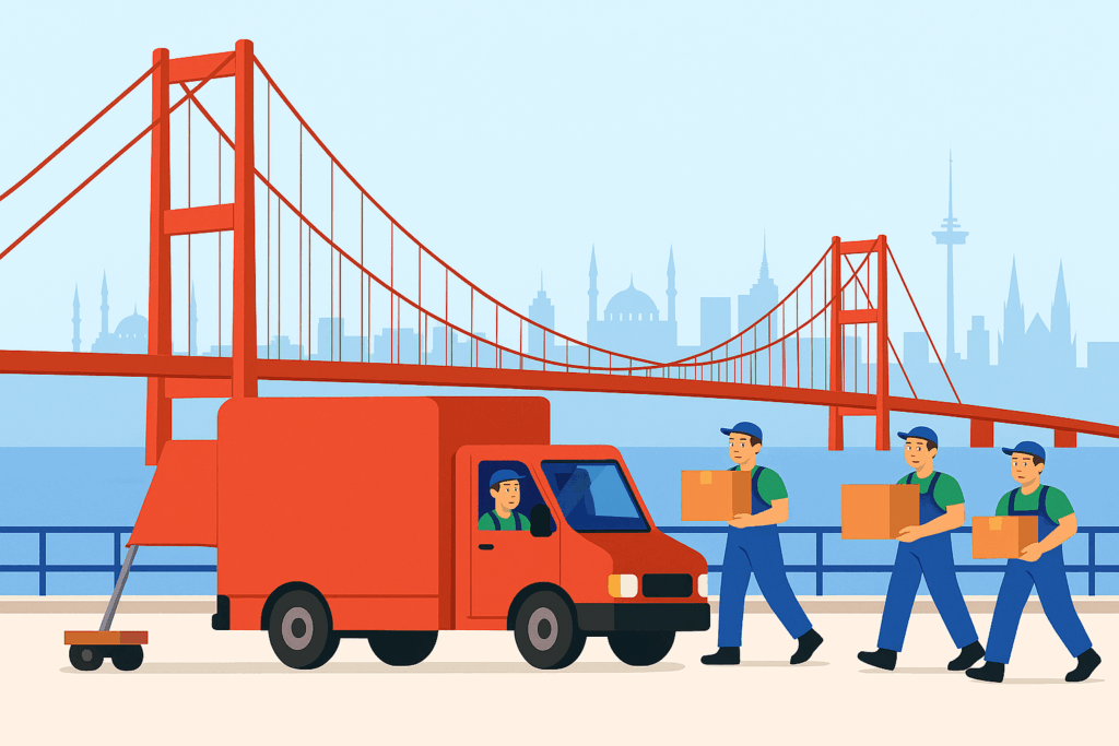 Ein roter Umzugs-LKW fährt über eine Brücke mit Blick auf Istanbul, als Symbol für den professionellen LKW-Transport zwischen der Türkei und Deutschland bei internationalen Umzügen.