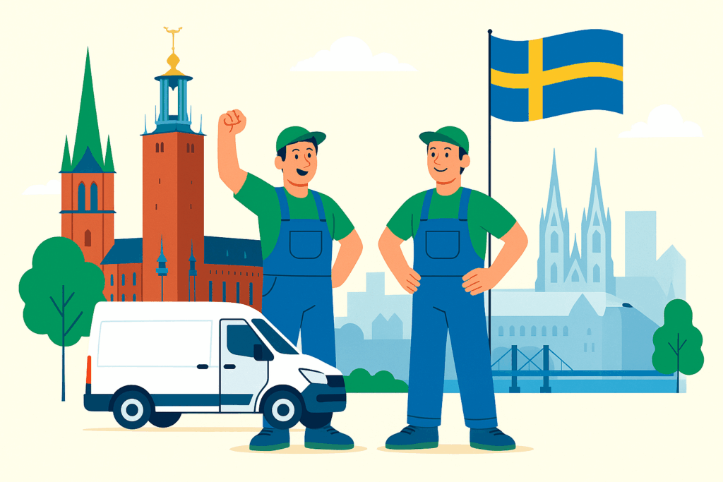 Zwei Umzugshelfer stehen vor einem Transporter und einer schwedischen Flagge, Symbol für einen erfolgreichen Umzug nach Schweden von Deutschland aus.