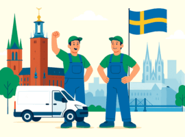 Zwei Umzugshelfer stehen vor einem Transporter und einer schwedischen Flagge, Symbol für einen erfolgreichen Umzug nach Schweden von Deutschland aus.