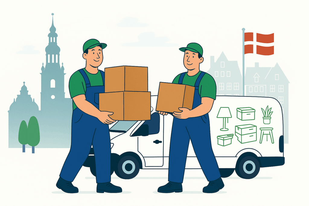 Zwei Umzugshelfer beim Umzug von Berlin nach Dänemark – Möbeltransport mit Transporter und dänischer Flagge
