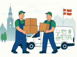 Zwei Umzugshelfer beim Umzug von Berlin nach Dänemark – Möbeltransport mit Transporter und dänischer Flagge