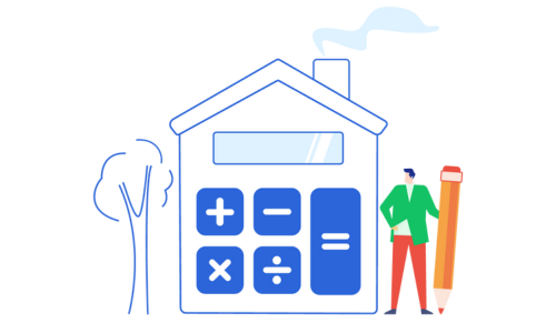 Illustration eines Hauses mit Rechner und Person, die hilft, Umzugskosten zu schätzen