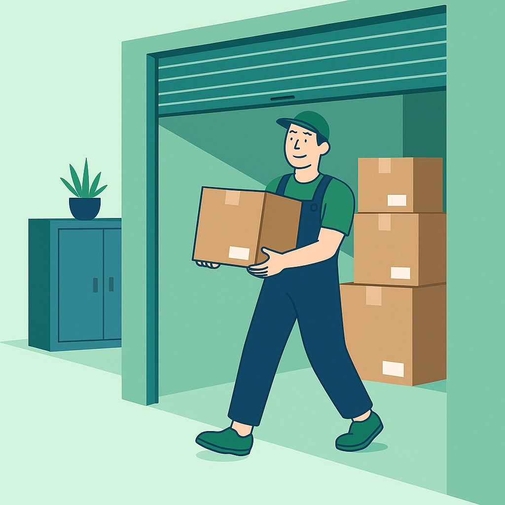 Mitarbeiter vom Umzugsunternehmen Würzburg trägt Umzugskarton in ein Lagerhaus zur Einlagerung von Möbeln.