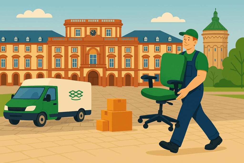 Umzugsmitarbeiter trägt einen Bürostuhl über den Schlossplatz Mannheim, während ein Fahrzeug eines Umzugsunternehmen Mannheim daneben steht.