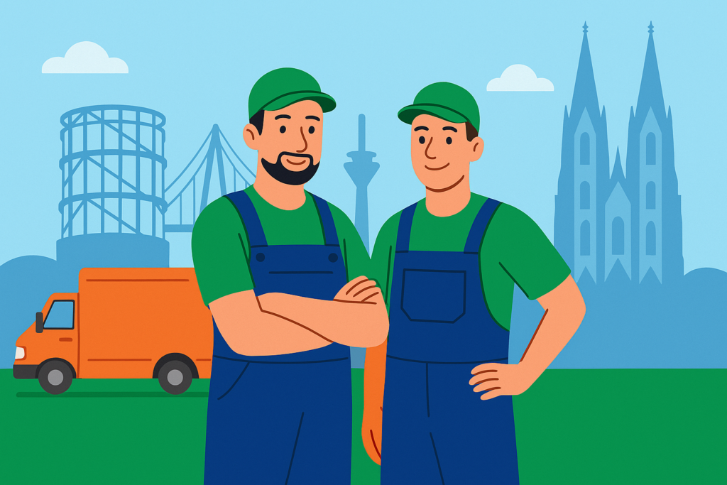 Umzugsunternehmen Saarbrücken mit zwei Umzugshelfern vor Stadtkulisse