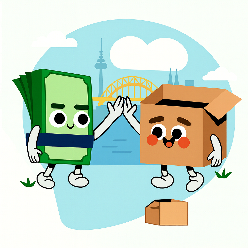 Lustige Illustration mit Geldschein und Umzugskarton, die für günstige Umzugsunternehmen in Duisburg stehen.