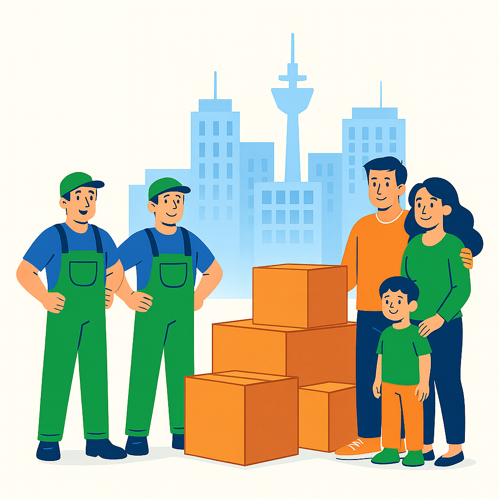 Eine Familie in Duisburg steht mit Umzugshelfern und Kartons bereit für den Wohnungswechsel.